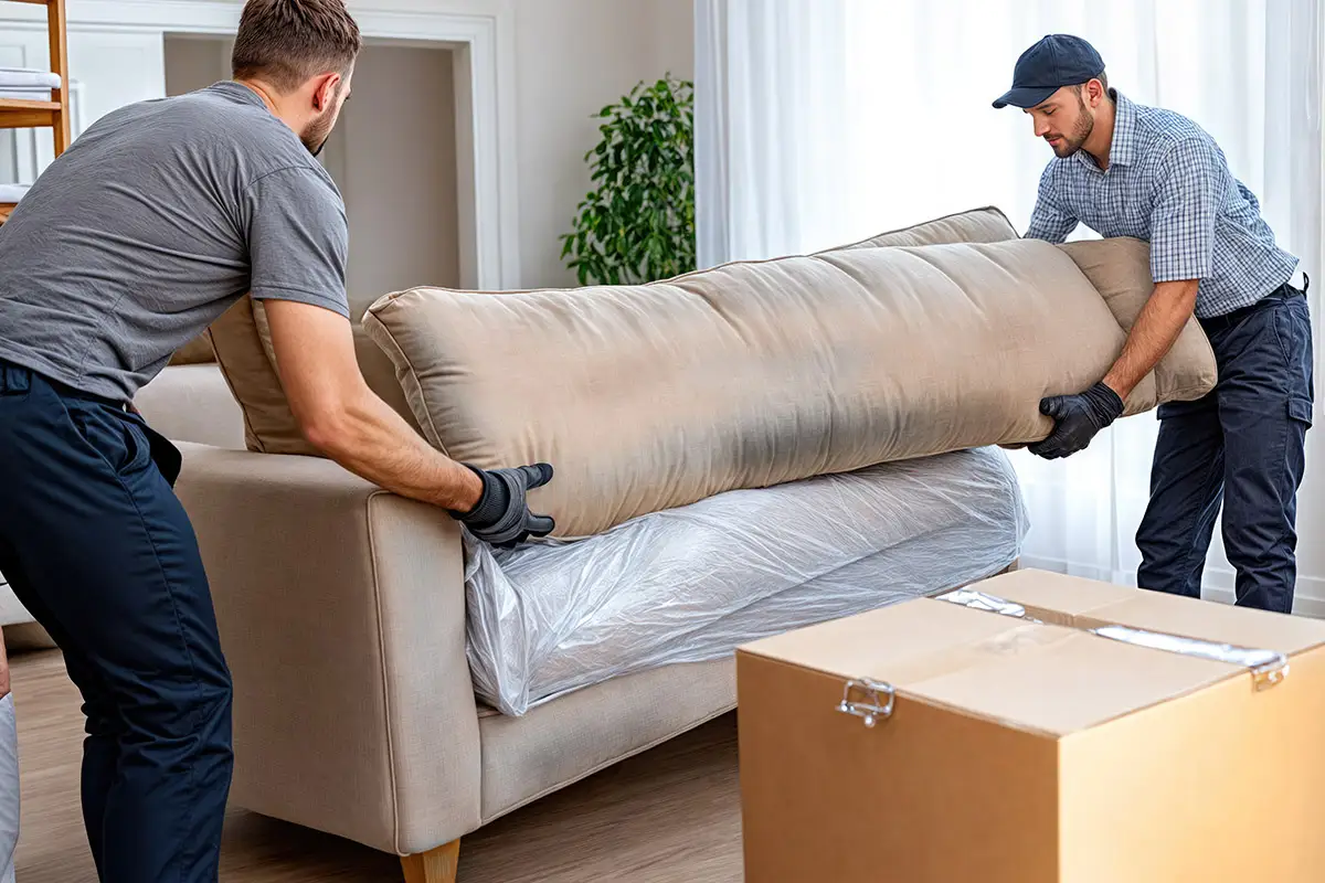 Kaiserfeld Entrümpelung Zwei Möbelpacker bereiten eine Couch zur Entrümpelung vor